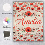 Personalised Name Soft Red and Cream Poppy Custom  Unique Gift Idea Elegant Feature Canvas Wall Art Print Decor Picture Ready to Hang