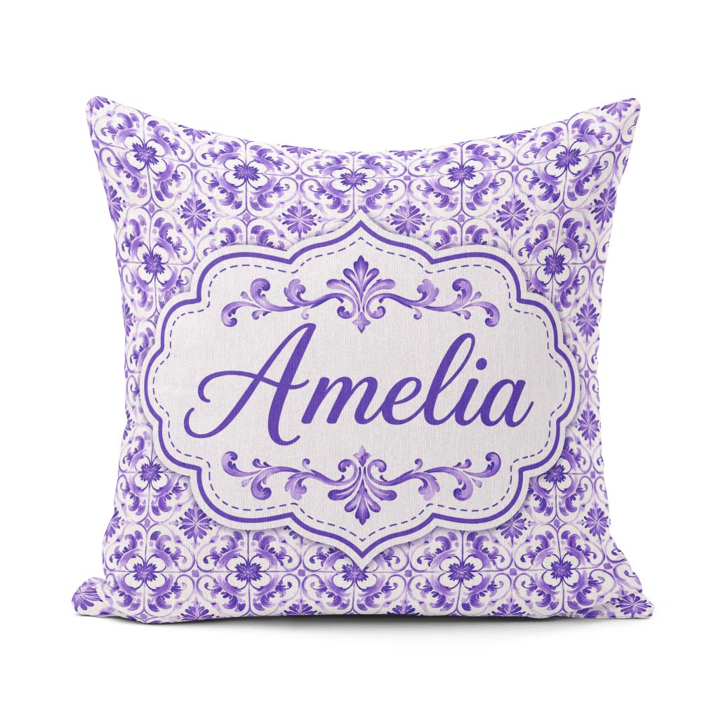 Custom Name Purple Ornamental Tile Floral Seamless Pattern Cup Square Filled Cushion Throw Pillow Sofa Bed Home Decor Zip Washable UK Made
