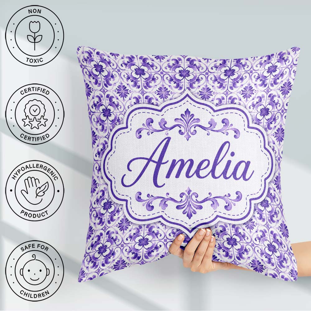 Custom Name Purple Ornamental Tile Floral Seamless Pattern Cup Square Filled Cushion Throw Pillow Sofa Bed Home Decor Zip Washable UK Made