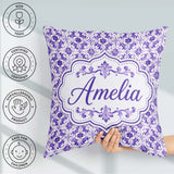 Custom Name Purple Ornamental Tile Floral Seamless Pattern Cup Square Filled Cushion Throw Pillow Sofa Bed Home Decor Zip Washable UK Made
