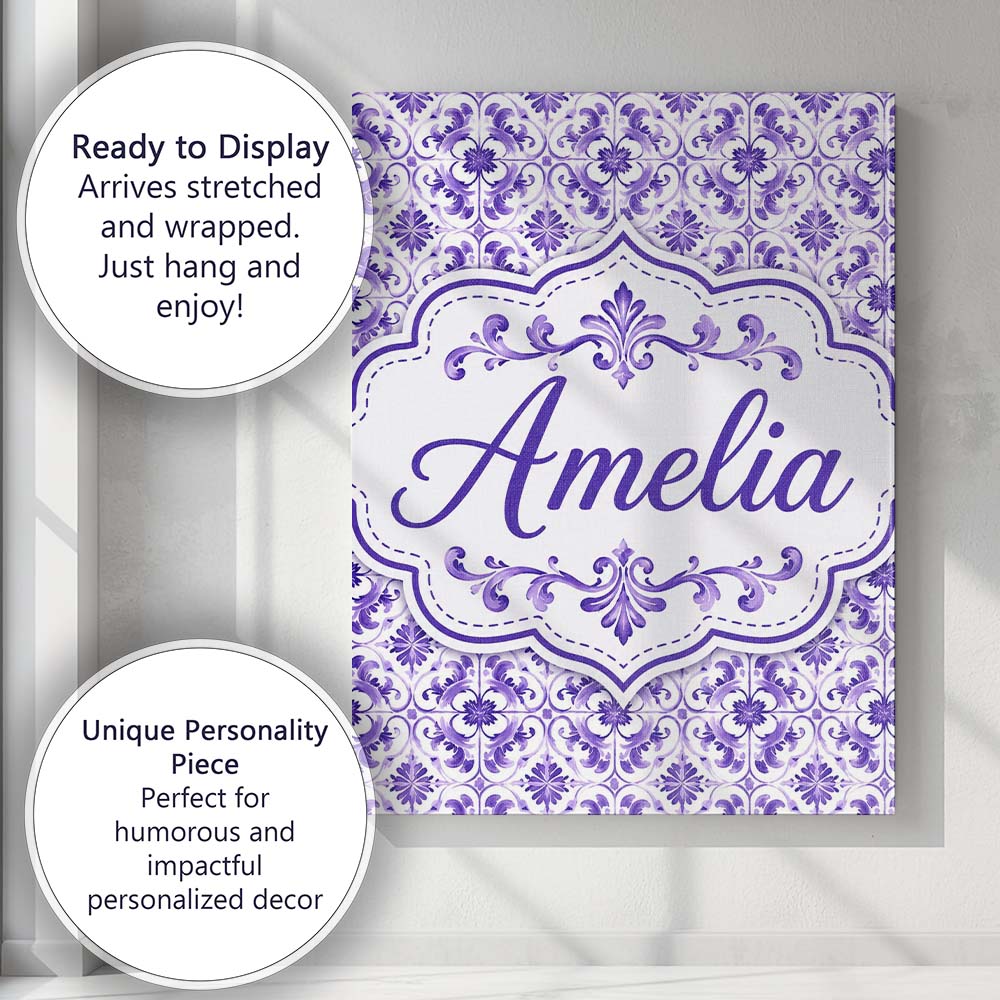 Personalised Name Purple Ornamental Tile Custom  Unique Gift Idea Elegant Feature Canvas Wall Art Print Decor Picture Ready to Hang