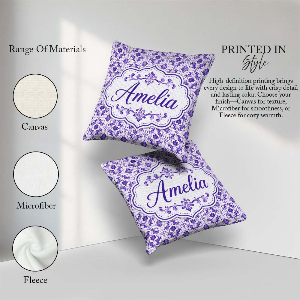 Custom Name Purple Ornamental Tile Floral Seamless Pattern Cup Square Filled Cushion Throw Pillow Sofa Bed Home Decor Zip Washable UK Made