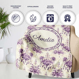 Elegant Purple Damask Floral Vintage Seamless Pattern Lovely  Personalised Custom Name Super Soft Fleece Blanket Bed Sofa Throw