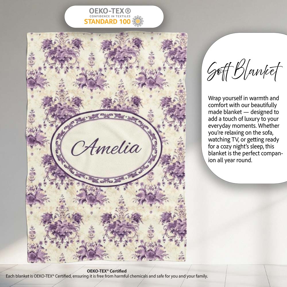 Elegant Purple Damask Floral Vintage Seamless Pattern Lovely  Personalised Custom Name Super Soft Fleece Blanket Bed Sofa Throw