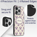 Elegant Purple Damask Floral Vintage Seamless Custom Name Protective Phone Case Mobile Cover Durable Everyday Smartphone Shock Resistant
