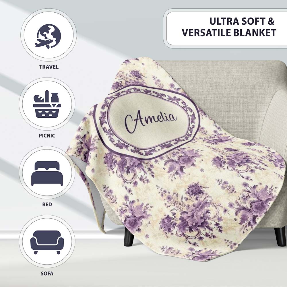 Elegant Purple Damask Floral Vintage Seamless Pattern Lovely  Personalised Custom Name Super Soft Fleece Blanket Bed Sofa Throw
