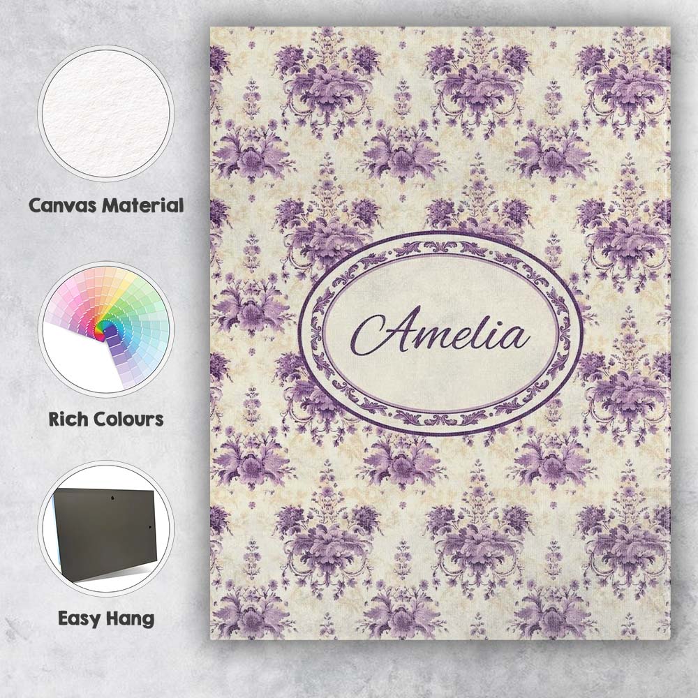 Personalised Name Elegant Purple Damask Custom  Unique Gift Idea Modern Room Accent Canvas Wall Art Print Decor Picture Ready to Hang