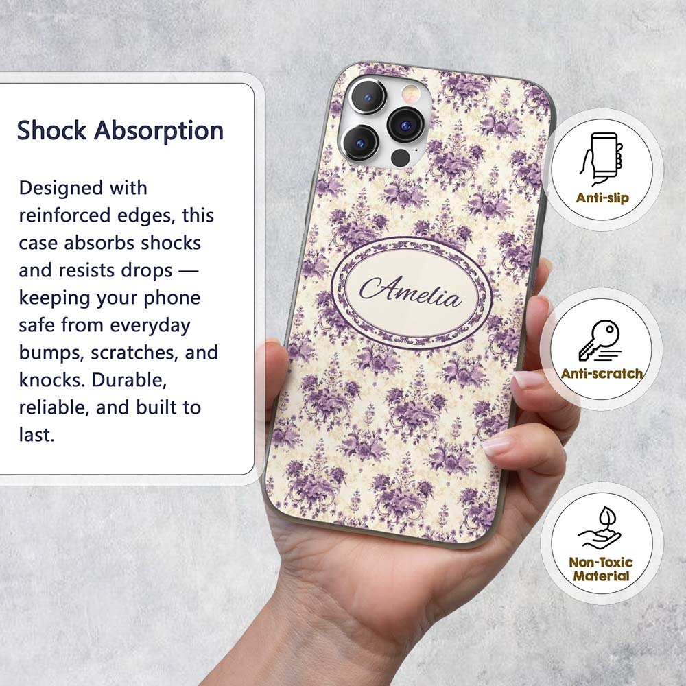 Elegant Purple Damask Floral Vintage Seamless Custom Name Protective Phone Case Mobile Cover Durable Everyday Smartphone Shock Resistant
