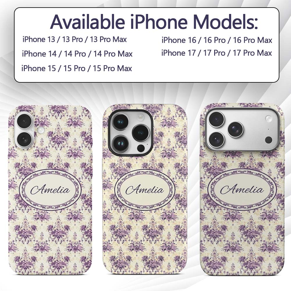 Elegant Purple Damask Floral Vintage Seamless Custom Name Protective Phone Case Mobile Cover Durable Everyday Smartphone Shock Resistant