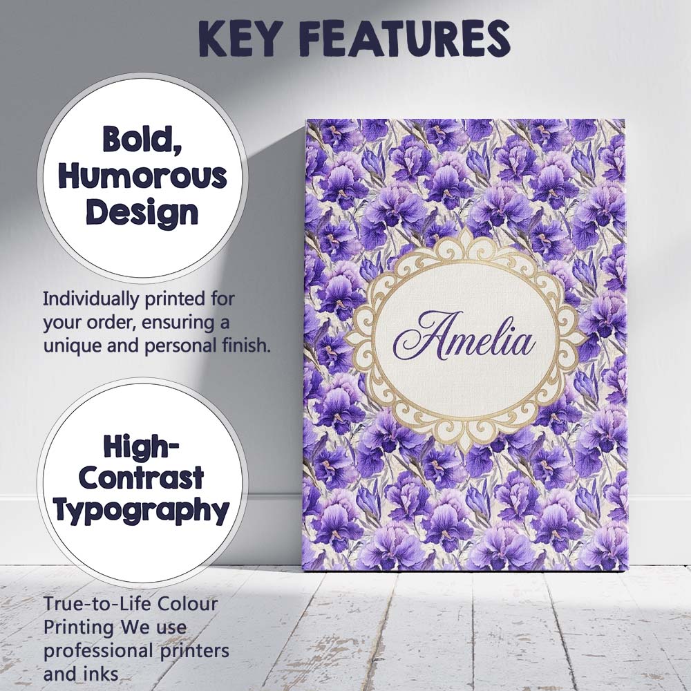 Personalised Name Purple Iris Flower Garden Custom  Bespoke Interior Contemporary Canvas Wall Art Print Decor Picture Ready to Hang
