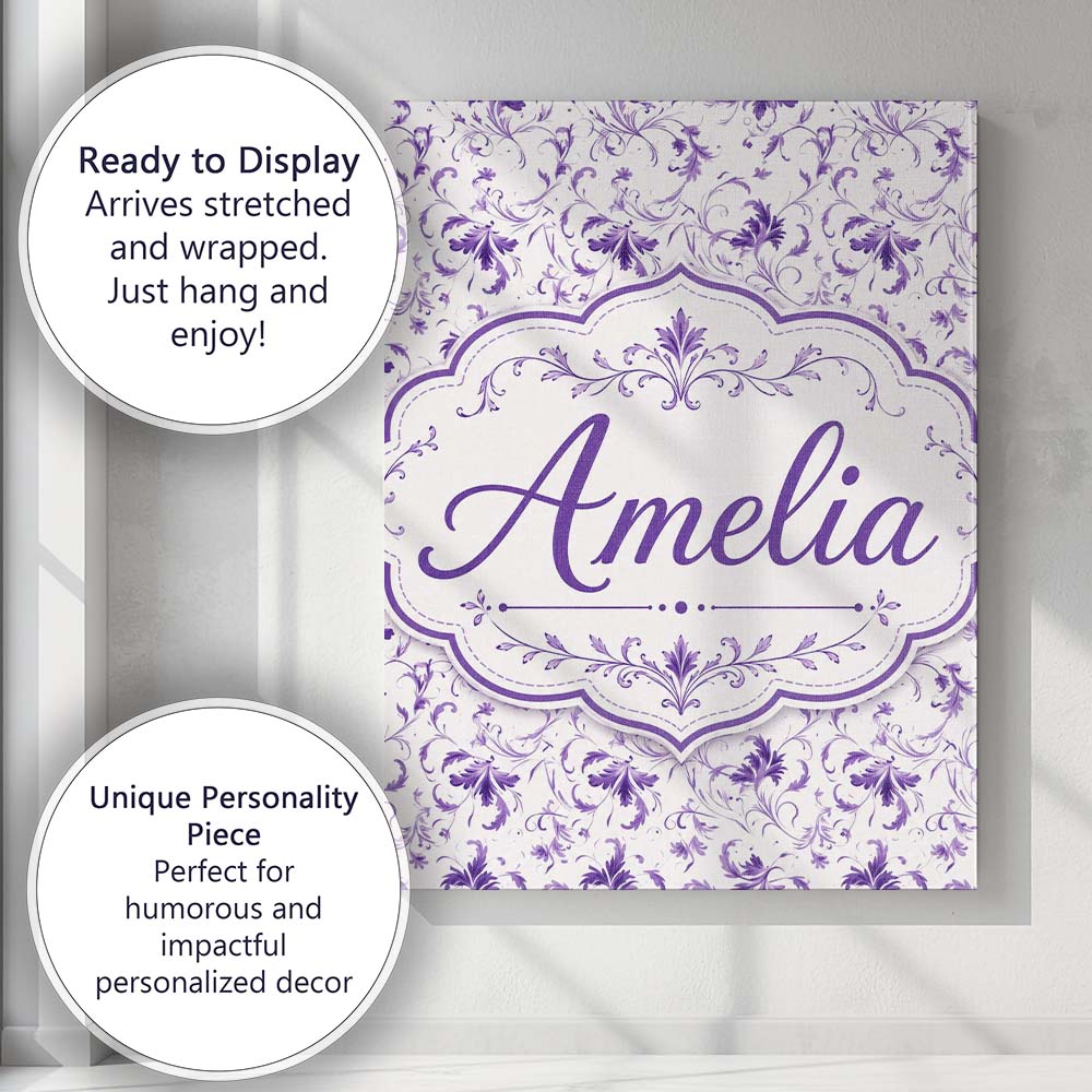 Personalised Name Delicate Purple Floral Custom  Unique Gift Idea Elegant Feature Canvas Wall Art Print Decor Picture Ready to Hang