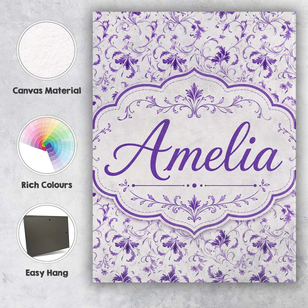 Personalised Name Delicate Purple Floral Custom  Unique Gift Idea Elegant Feature Canvas Wall Art Print Decor Picture Ready to Hang