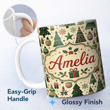 Personalized Custom Name Scandinavian Christmas Tree Star Ornament Nordic Seamless Pattern 11oz Ceramic Coffee Tea Mug White Large Handle