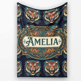Roaring Tiger Head Bold Wildlife Seamless Pattern Cute Unique Gift  Personalised Custom Name Super Soft Fleece Blanket Bed Sofa Throw