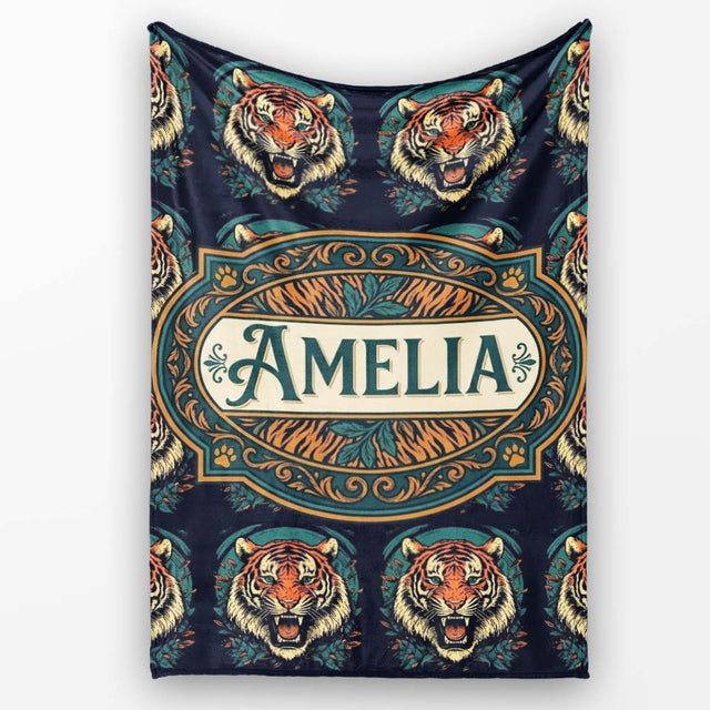 Roaring Tiger Head Bold Wildlife Seamless Pattern Cute Unique Gift  Personalised Custom Name Super Soft Fleece Blanket Bed Sofa Throw