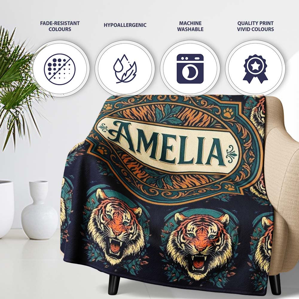 Roaring Tiger Head Bold Wildlife Seamless Pattern Cute Unique Gift  Personalised Custom Name Super Soft Fleece Blanket Bed Sofa Throw