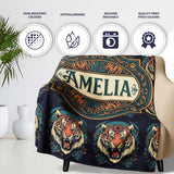 Roaring Tiger Head Bold Wildlife Seamless Pattern Cute Unique Gift  Personalised Custom Name Super Soft Fleece Blanket Bed Sofa Throw