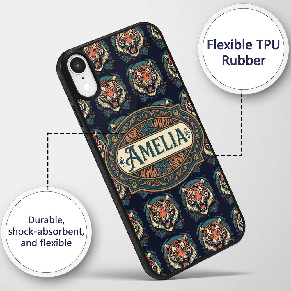 Roaring Tiger Head Bold Wildlife Seamless Pattern Custom Name Protective Phone Case Mobile Cover Durable Everyday Smartphone Shock Resistant