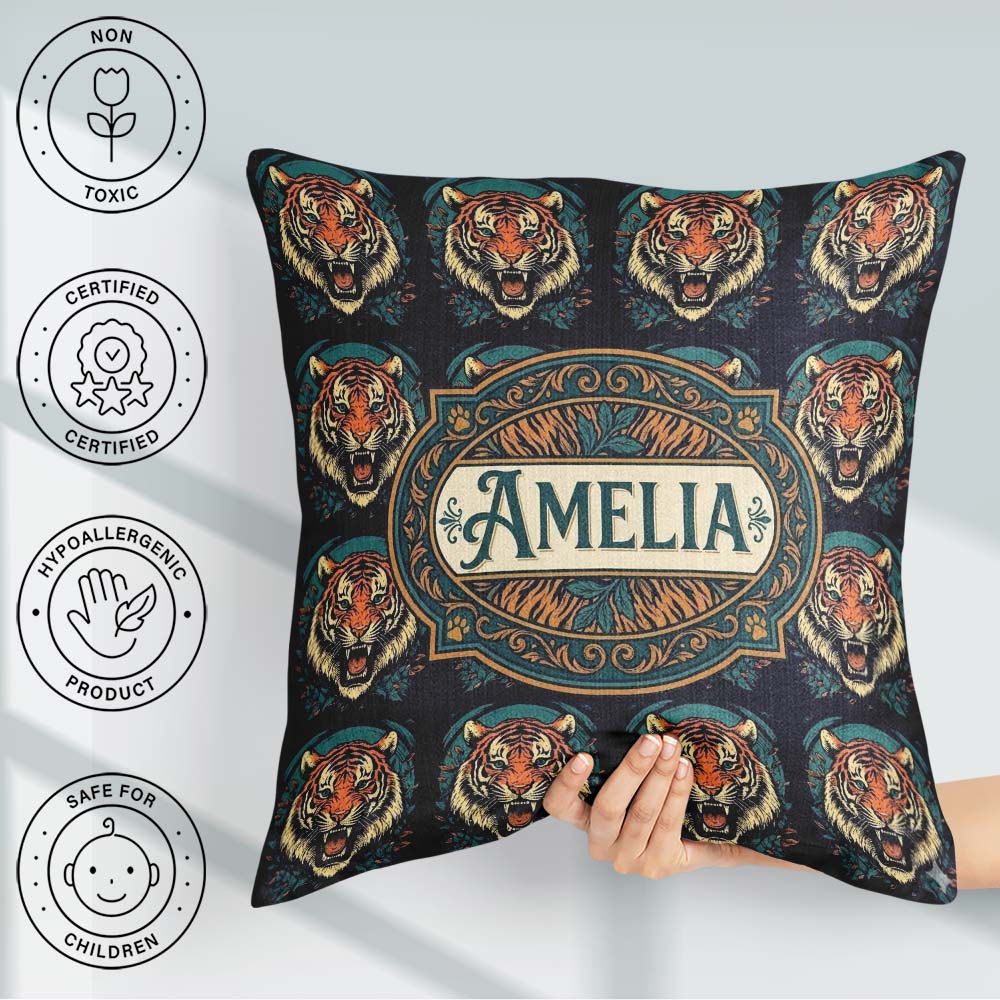 Custom Name Roaring Tiger Head Bold Wildlife Seamless Pattern Square Filled Cushion Throw Pillow Sofa Bed Home Decor Zip Washable UK Made