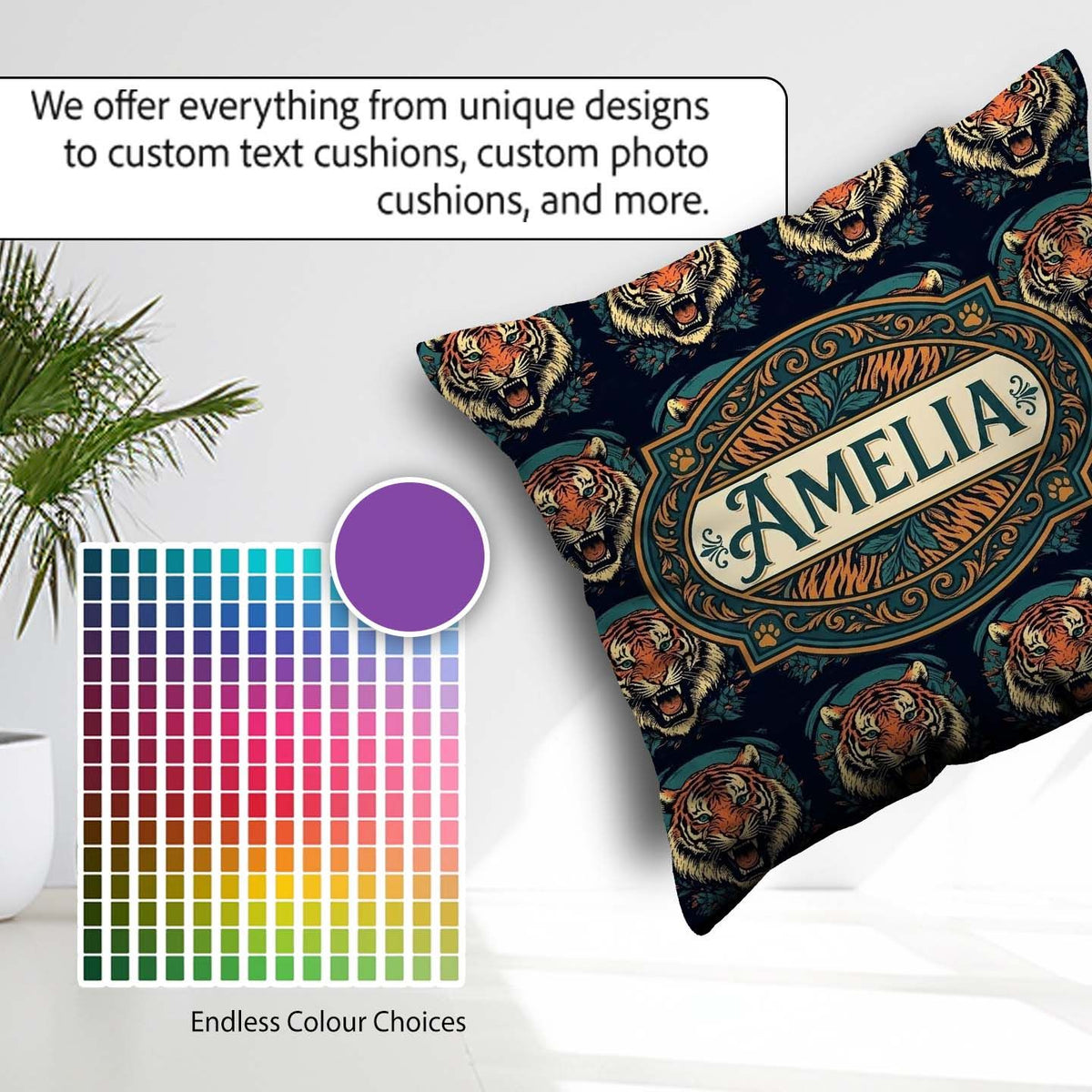 Custom Name Roaring Tiger Head Bold Wildlife Seamless Pattern Square Filled Cushion Throw Pillow Sofa Bed Home Decor Zip Washable UK Made