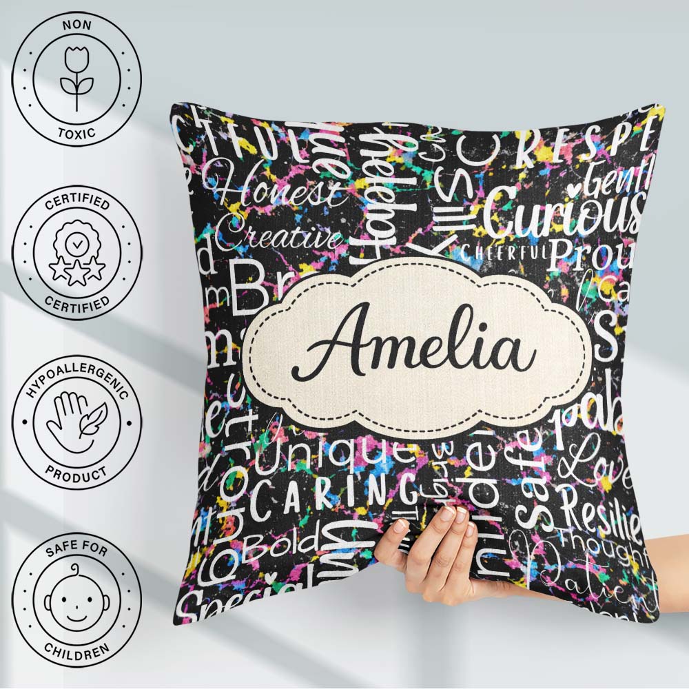Custom Name Pink Glitter Black Motivational Word Pattern Lovely Square Filled Cushion Throw Pillow Sofa Bed Home Decor Zip Washable UK Made