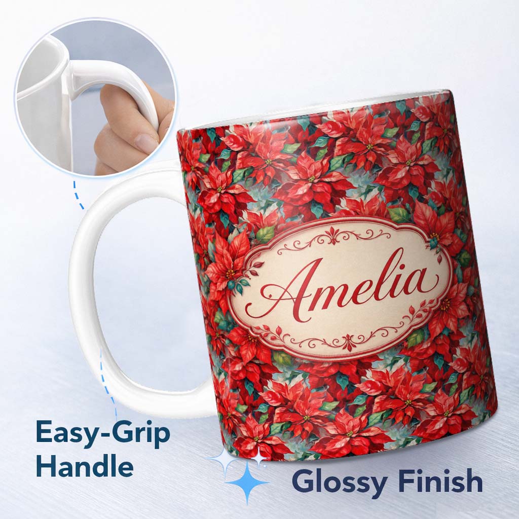 Personalized Custom Name Painterly Red Poinsettia Floral Artistic Seamless Pattern Lovely 11oz Ceramic Coffee Tea Mug White Large Handle