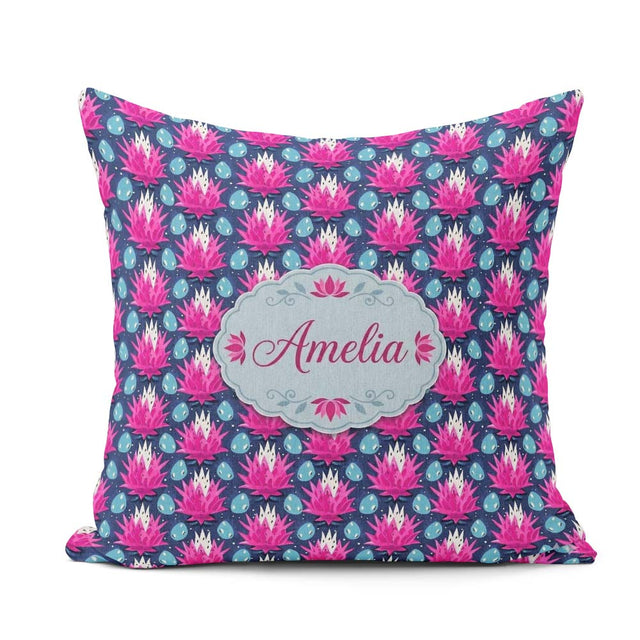 Custom Name Pink Lotus Flower and Seed Pods Seamless Pattern Square Filled Cushion Throw Pillow Sofa Bed Home Decor Zip Washable UK Made