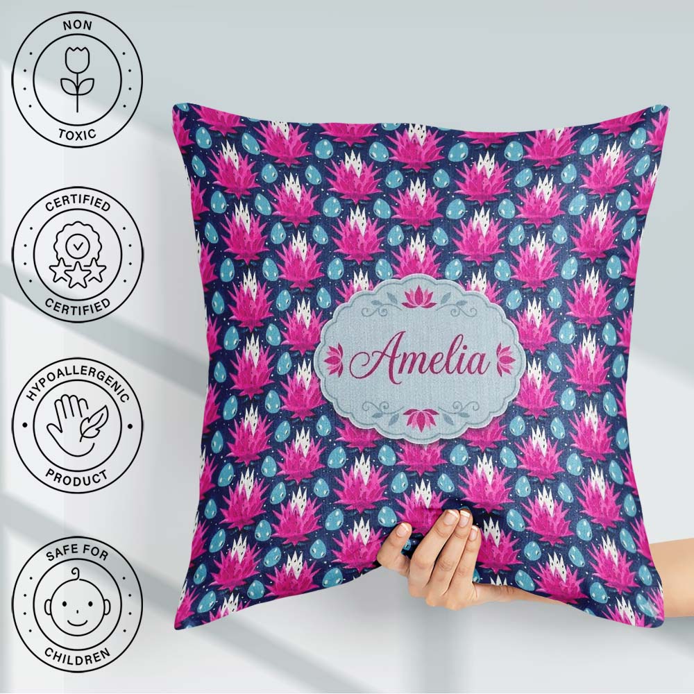 Custom Name Pink Lotus Flower and Seed Pods Seamless Pattern Square Filled Cushion Throw Pillow Sofa Bed Home Decor Zip Washable UK Made