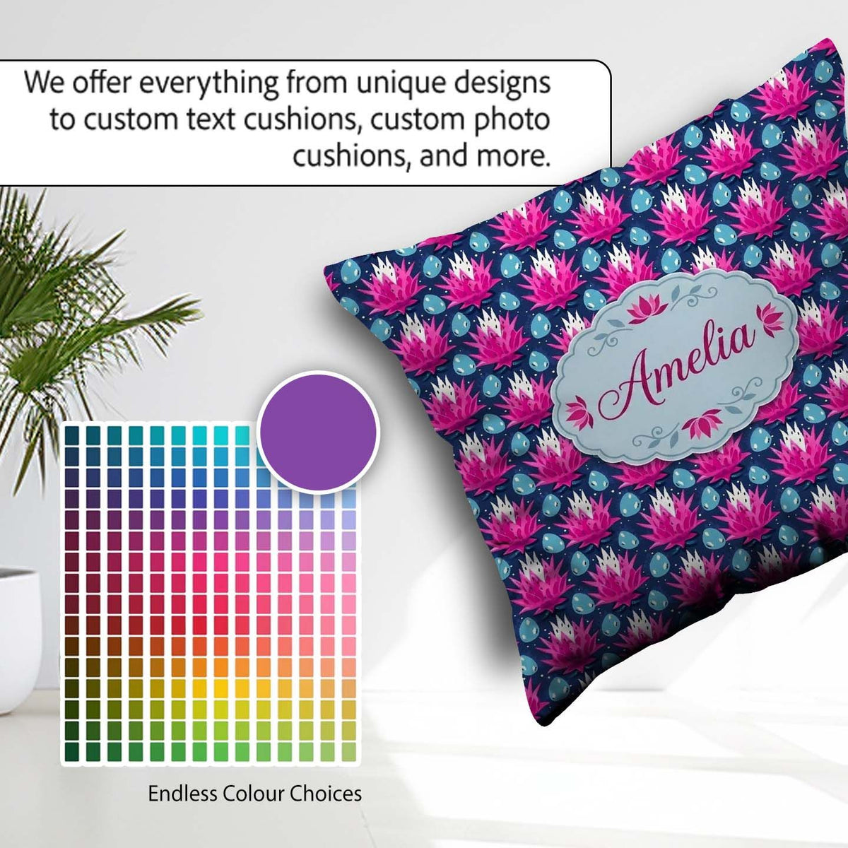 Custom Name Pink Lotus Flower and Seed Pods Seamless Pattern Square Filled Cushion Throw Pillow Sofa Bed Home Decor Zip Washable UK Made