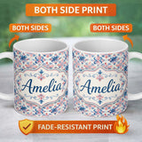 Personalized Custom Name Red and Blue Classic Floral Tile Pattern with Soft Vintage Symmetry 11oz Ceramic Coffee Tea Mug White Large Handle