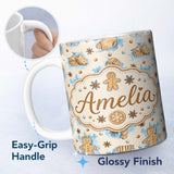 Personalized Custom Name Watercolor Gingerbread Man Cookies Candy Cane Sweet Seamless Pattern 11oz Ceramic Coffee Tea Mug White Large Handle
