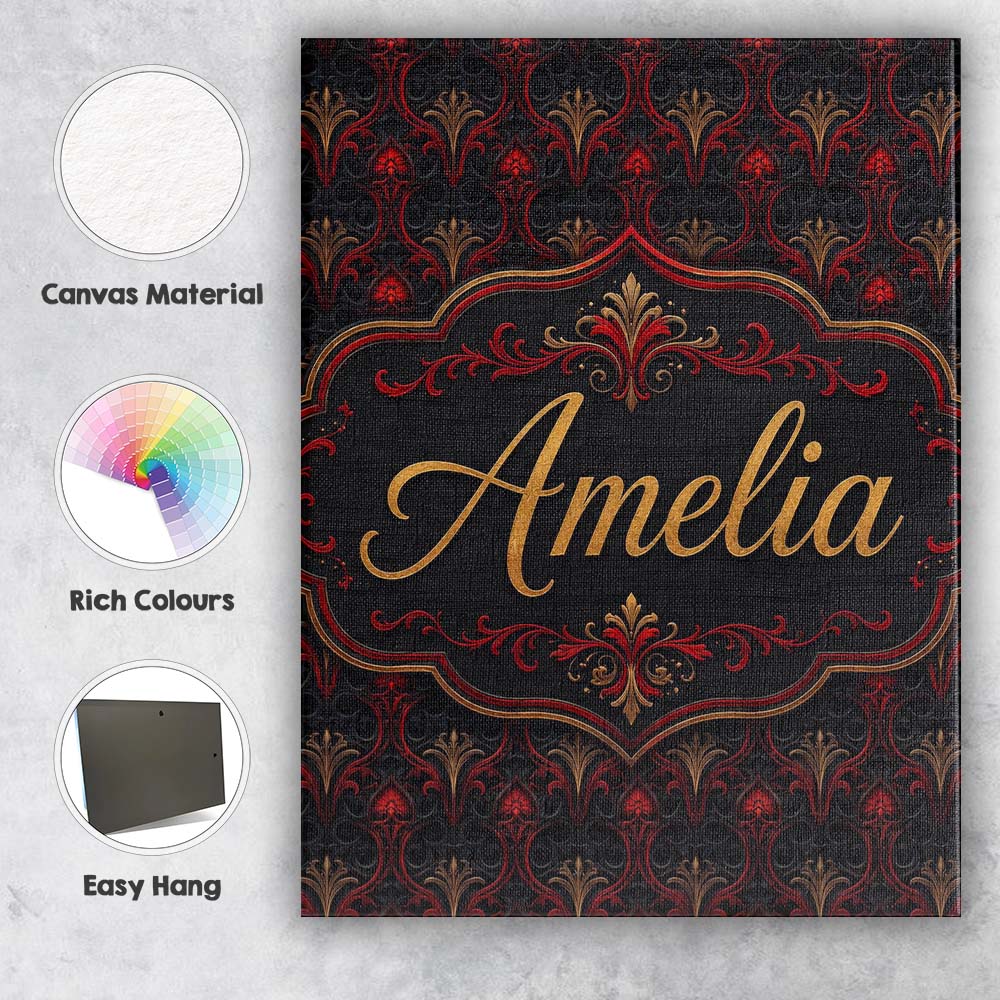 Personalised Name Luxury Red Black Baroque Custom  Unique Gift Idea Elegant Feature Canvas Wall Art Print Decor Picture Ready to Hang