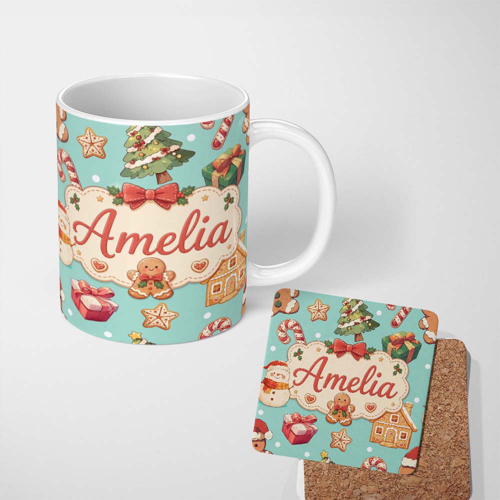 Personalized Custom Name Cute Gingerbread Man Christmas Tree Candy Cane Holiday Pattern Blue 11oz Ceramic Coffee Tea Mug White Large Handle