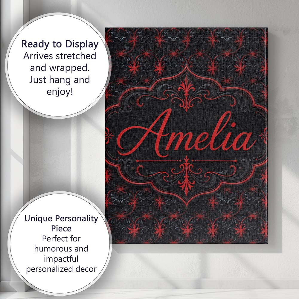 Personalised Name Dark Red Gothic Floral Custom  Unique Gift Idea Elegant Feature Canvas Wall Art Print Decor Picture Ready to Hang