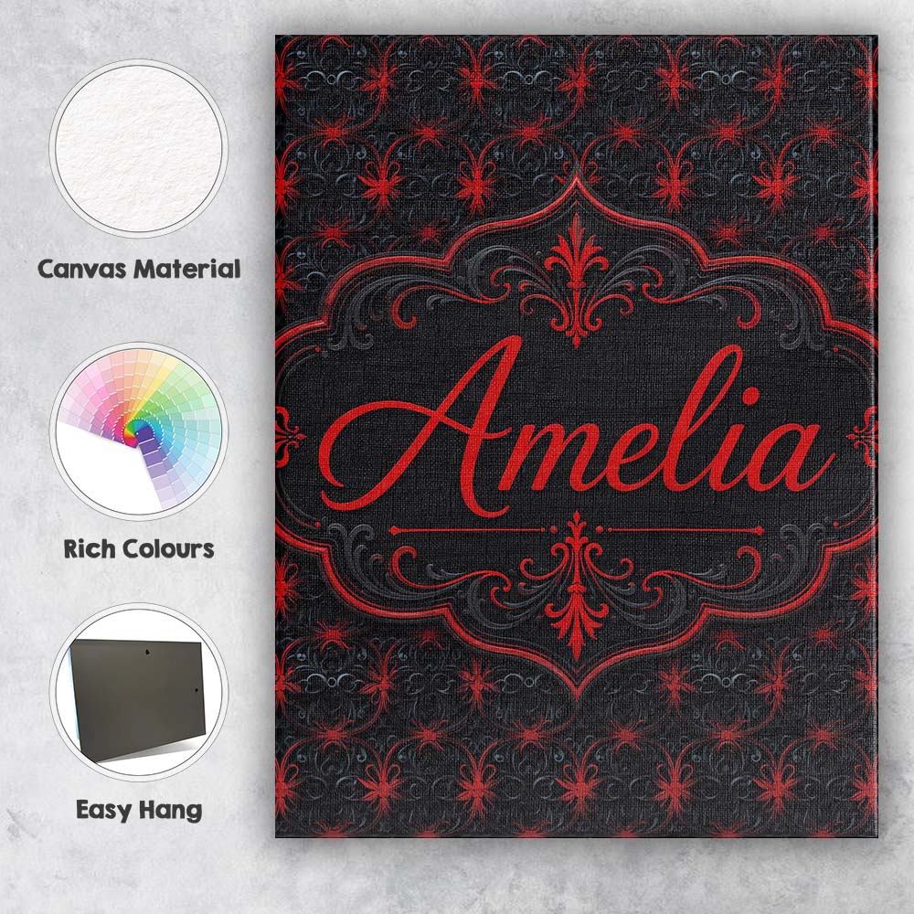Personalised Name Dark Red Gothic Floral Custom  Unique Gift Idea Elegant Feature Canvas Wall Art Print Decor Picture Ready to Hang