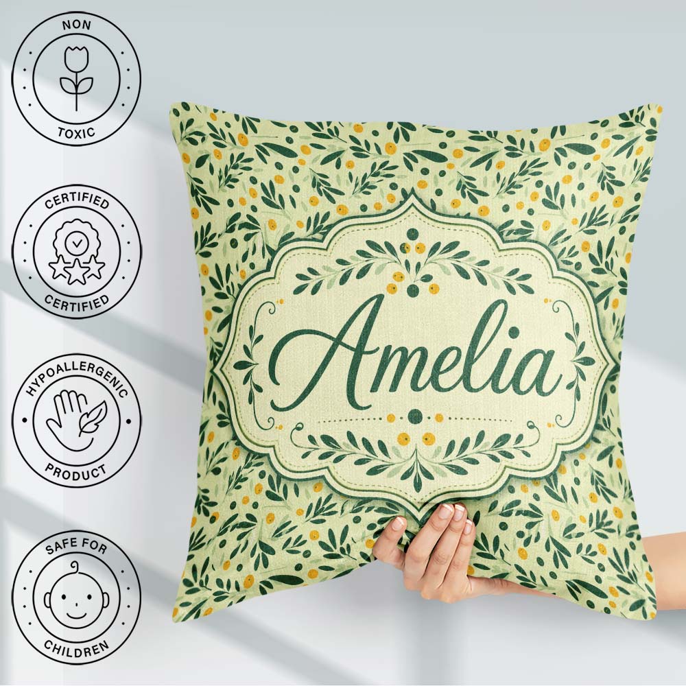 Custom Name Minimal Olive Leaves and Berries Soft Green Seamless Square Filled Cushion Throw Pillow Sofa Bed Home Decor Zip Washable UK Made