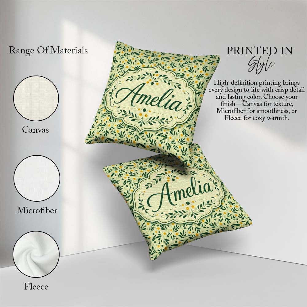 Custom Name Minimal Olive Leaves and Berries Soft Green Seamless Square Filled Cushion Throw Pillow Sofa Bed Home Decor Zip Washable UK Made