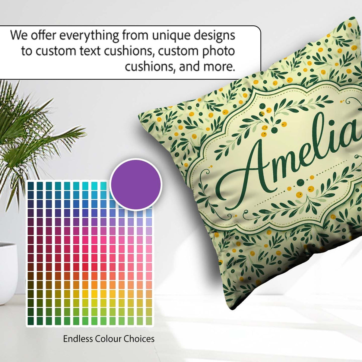 Custom Name Minimal Olive Leaves and Berries Soft Green Seamless Square Filled Cushion Throw Pillow Sofa Bed Home Decor Zip Washable UK Made