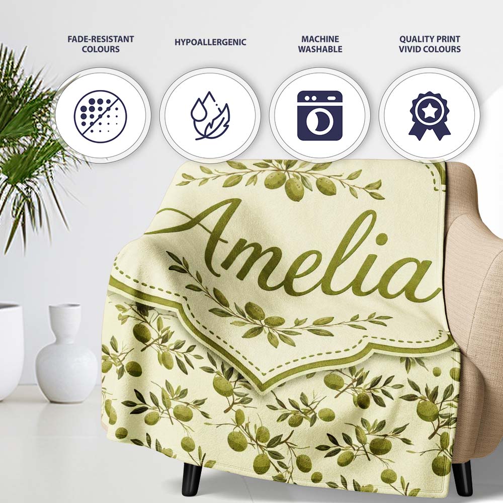 Classic Olive Tree Branches Vintage Style Seamless Pattern Lovely  Personalised Custom Name Super Soft Fleece Blanket Bed Sofa Throw