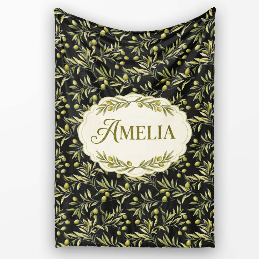Olive Branch Leaves on Dark Background Seamless Pattern Lovely  Personalised Custom Name Super Soft Fleece Blanket Bed Sofa Throw
