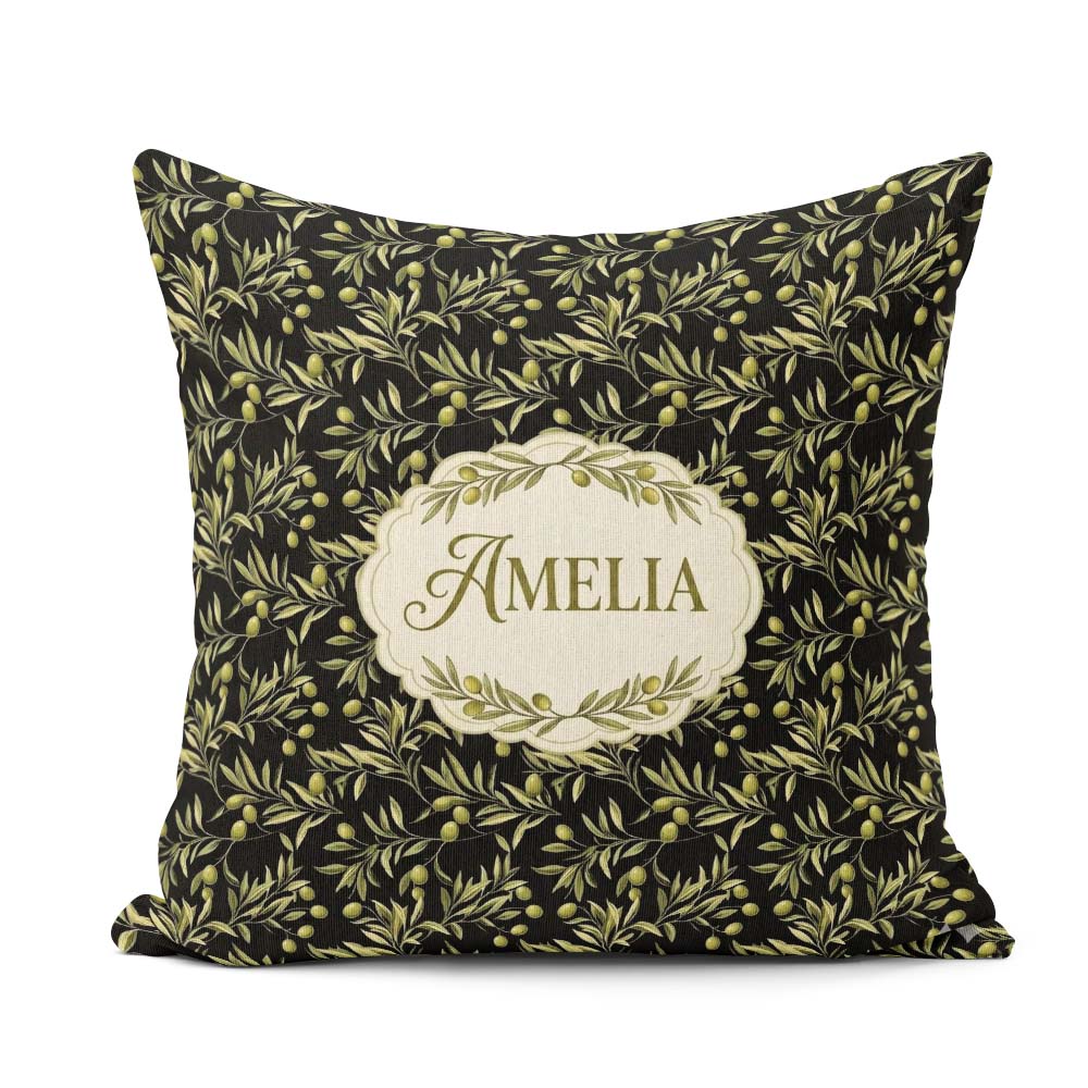 Custom Name Olive Branch Leaves on Dark Seamless Pattern Lovely Square Filled Cushion Throw Pillow Sofa Bed Home Decor Zip Washable UK Made