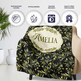Olive Branch Leaves on Dark Background Seamless Pattern Lovely  Personalised Custom Name Super Soft Fleece Blanket Bed Sofa Throw