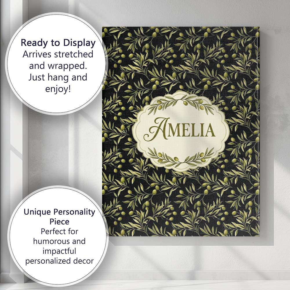 Personalised Name Olive Branch Leaves on Custom  Unique Gift Idea Elegant Feature Canvas Wall Art Print Decor Picture Ready to Hang