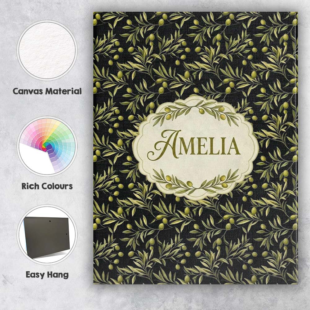 Personalised Name Olive Branch Leaves on Custom  Unique Gift Idea Elegant Feature Canvas Wall Art Print Decor Picture Ready to Hang