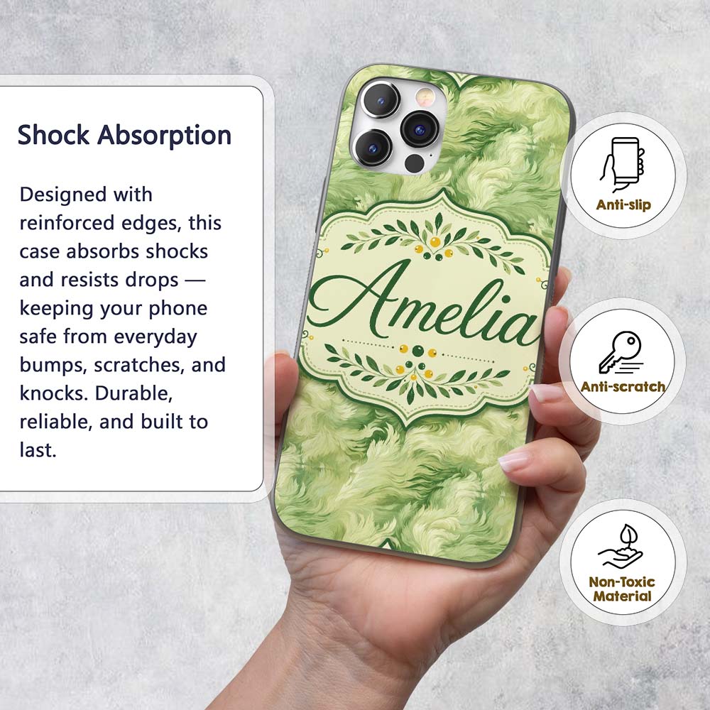 Soft Green Abstract Marble Swirl Seamless Pattern Custom Name Protective Phone Case Mobile Cover Durable Everyday Smartphone Shock Resistant