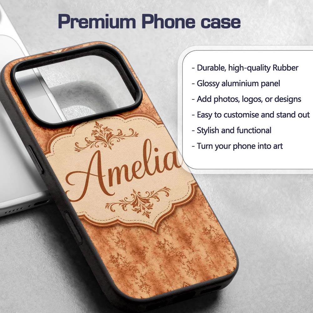 Vintage Brown Floral Damask Texture Seamless Custom Name Protective Phone Case Mobile Cover Durable Everyday Smartphone Shock Resistant