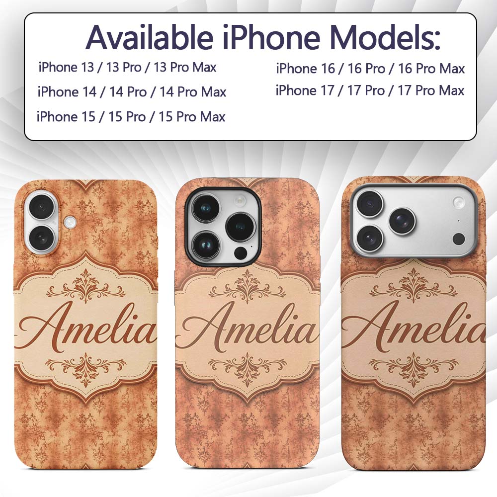 Vintage Brown Floral Damask Texture Seamless Custom Name Protective Phone Case Mobile Cover Durable Everyday Smartphone Shock Resistant
