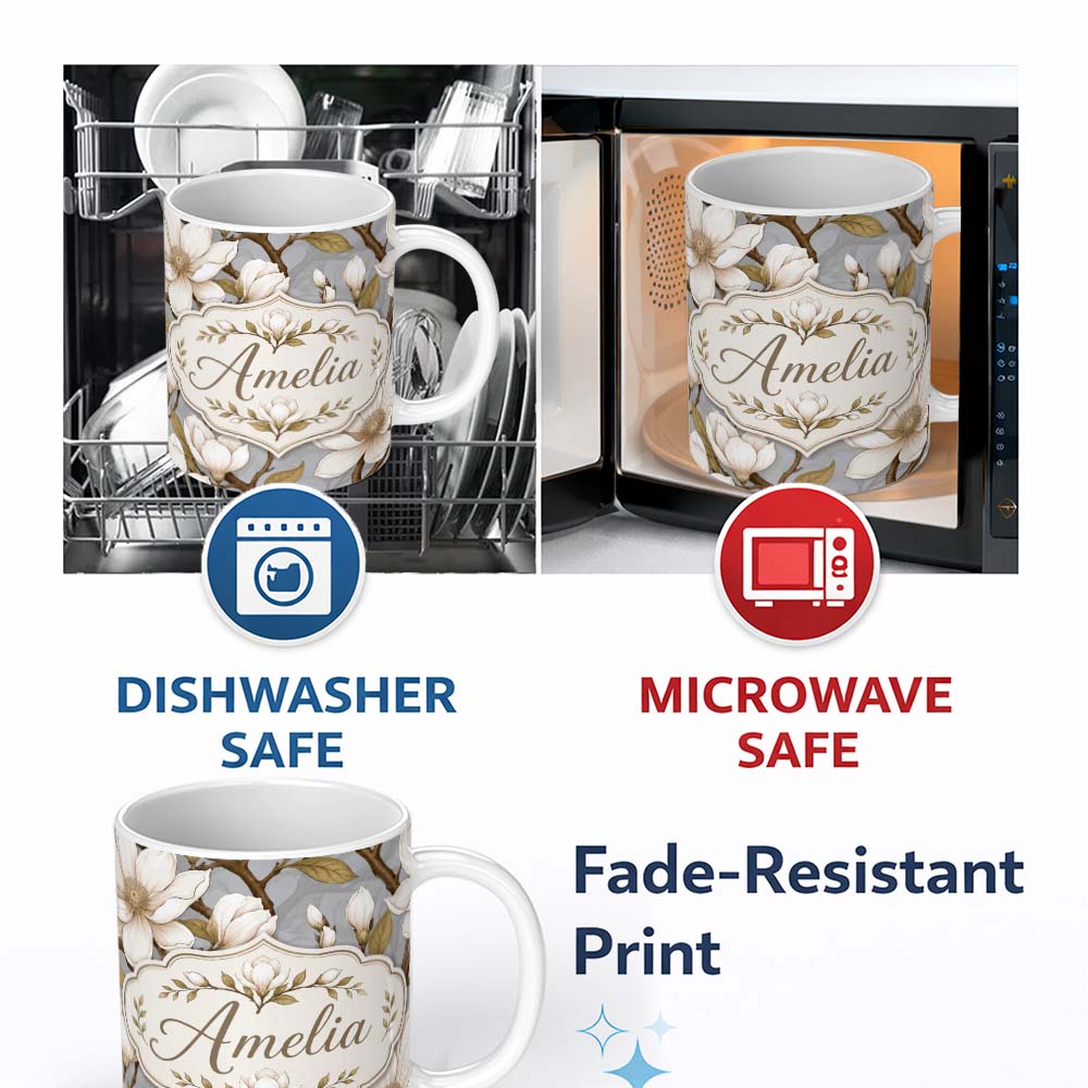 Personalized Custom Name Vintage Style Magnolia Flowers with Branches Seamless Pattern Lovely 11oz Ceramic Coffee Tea Mug White Large Handle