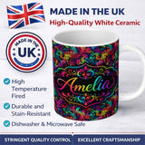 Personalized Custom Name Psychedelic Rainbow Wave Swirl Pattern on Black Background Seamless 11oz Ceramic Coffee Tea Mug White Large Handle