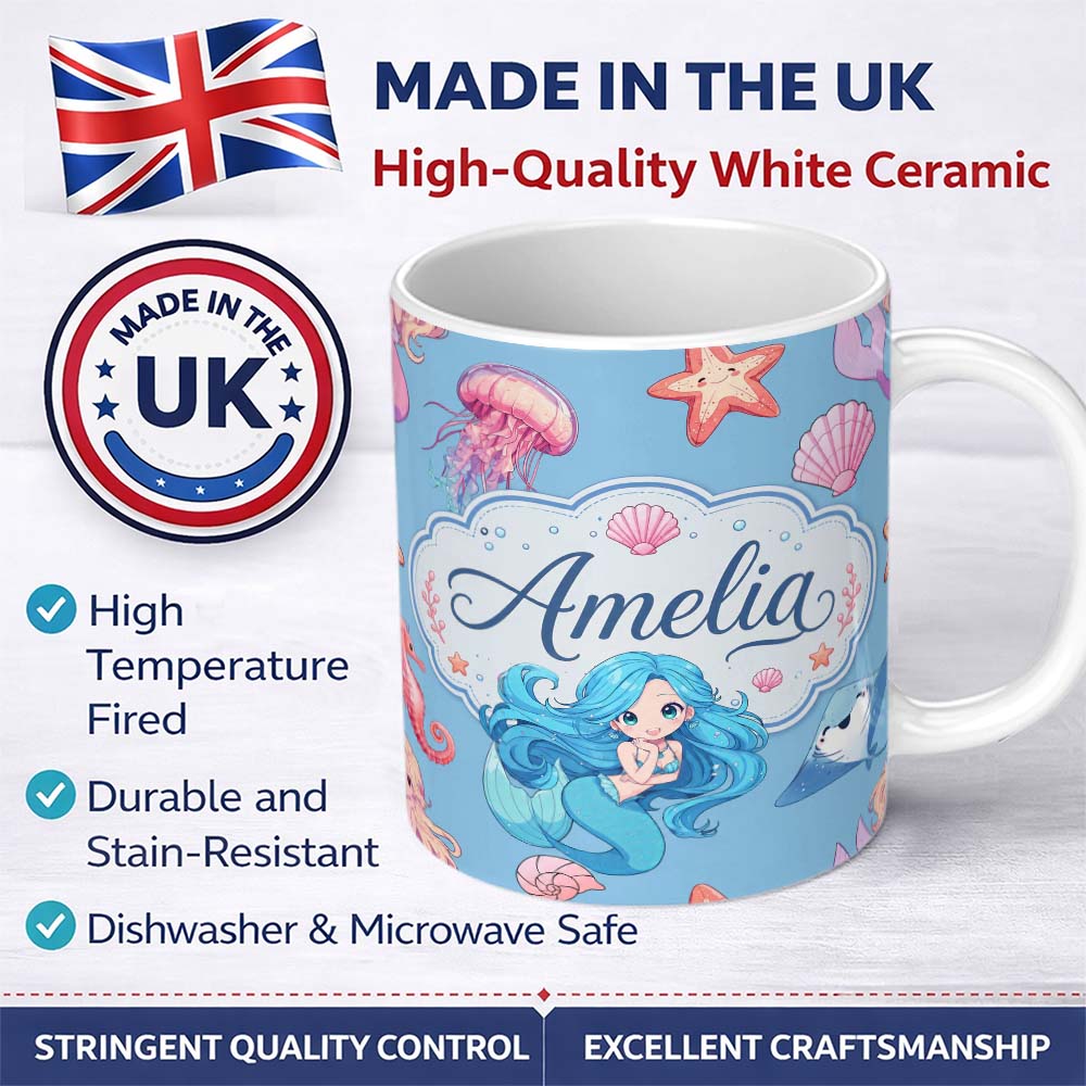 Personalized Custom Name Cute Kawaii Mermaid Ocean Friends Jellyfish Starfish Blue Background 11oz Ceramic Coffee Tea Mug White Large Handle